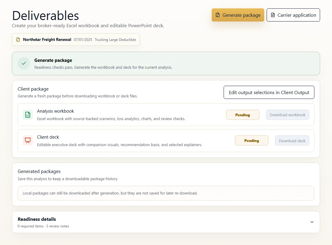 Illustrative deliverables workspace using sample data